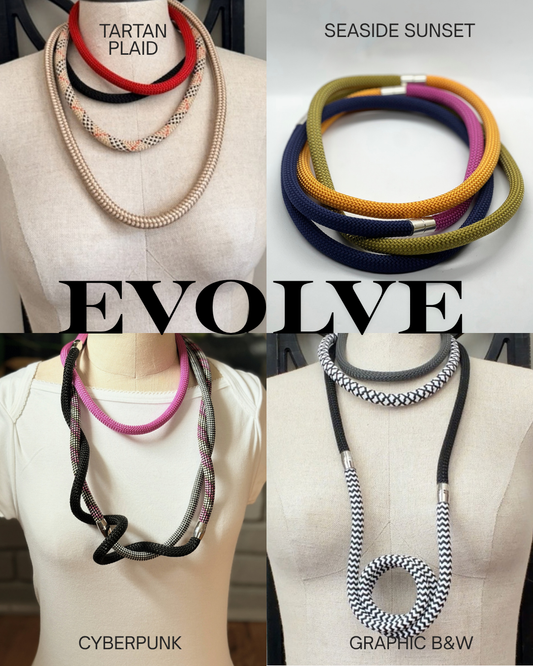 A four-panel collage showcasing Alter Ego Designs EVOLVE rope necklace colorways. 'TARTAN PLAID', 'SEASIDE SUNSET', 'CYBERPUNK', and 'GRAPHIC B&W' are the options