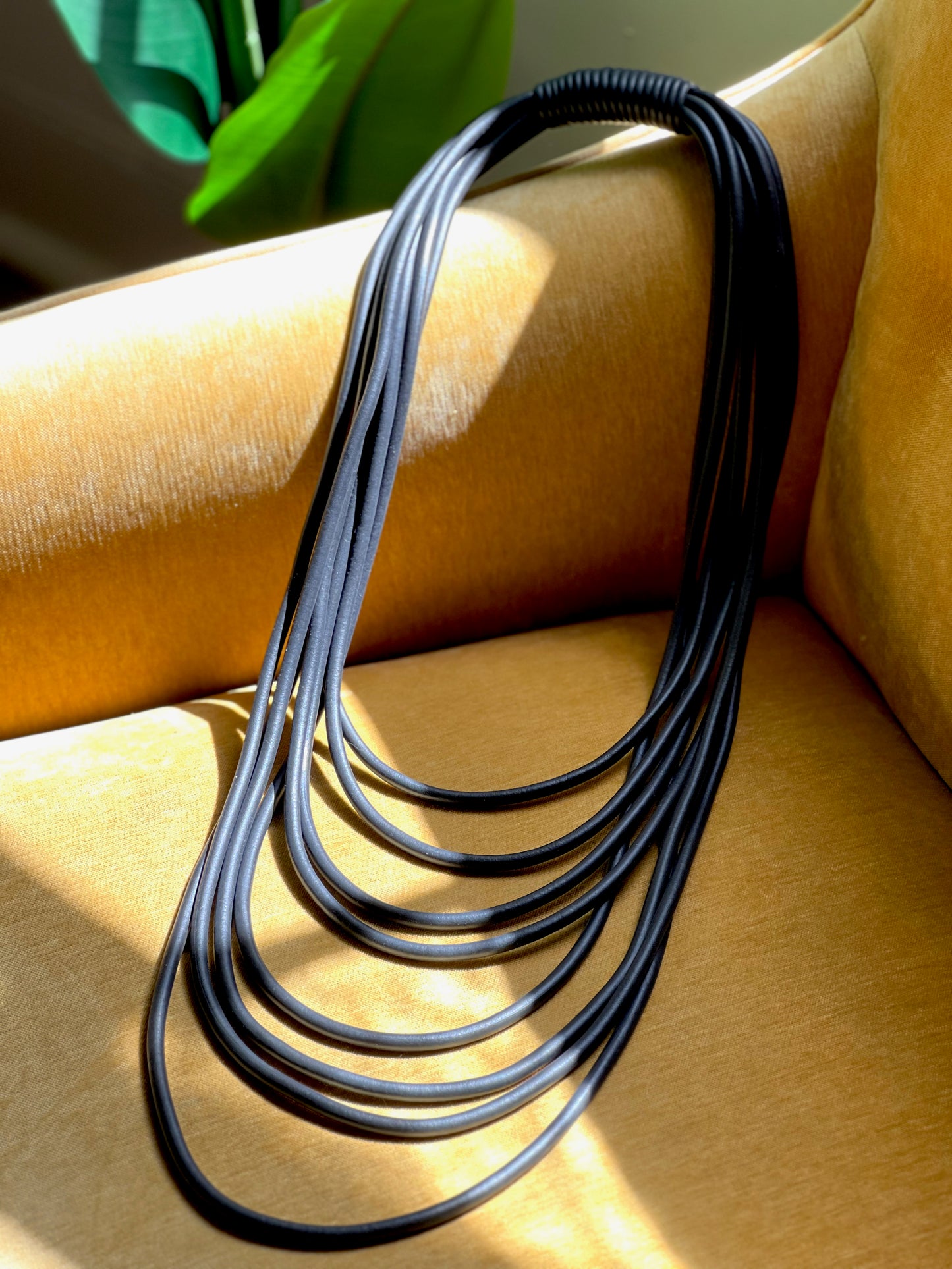 WAVE: Dramatic & Edgy Long Multi Strand Black Rubber Necklace