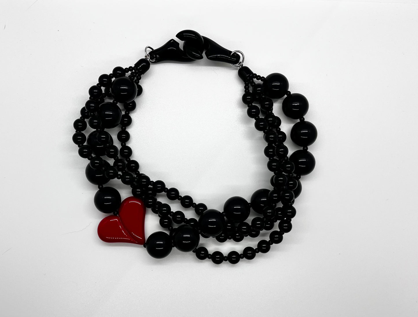 Black Chunky MultiStrand Beaded Choker with Red Heart