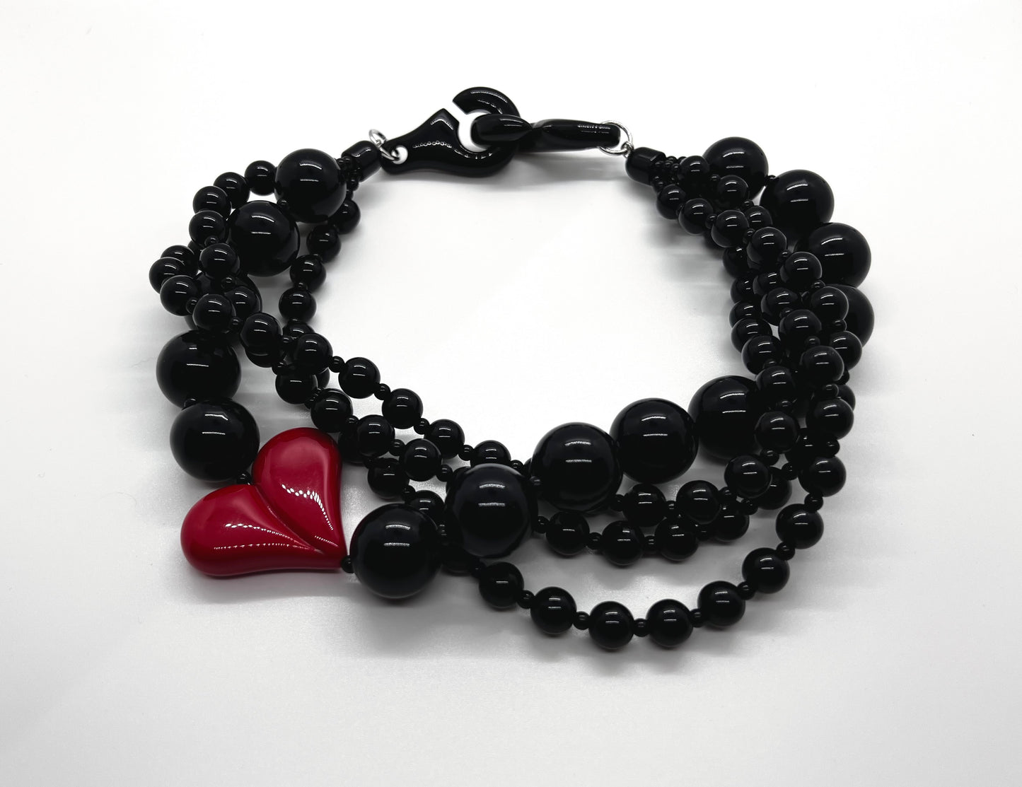 Black Chunky MultiStrand Beaded Choker with Red Heart