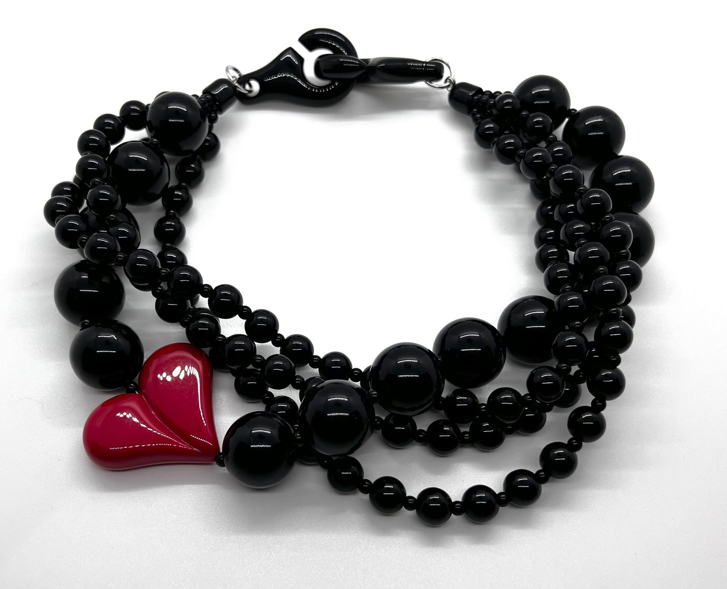 Black Chunky MultiStrand Beaded Choker with Red Heart