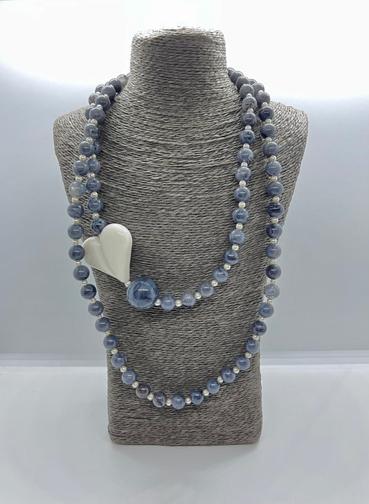 Chunky Cream Heart Necklace Long Layering Grey Beads