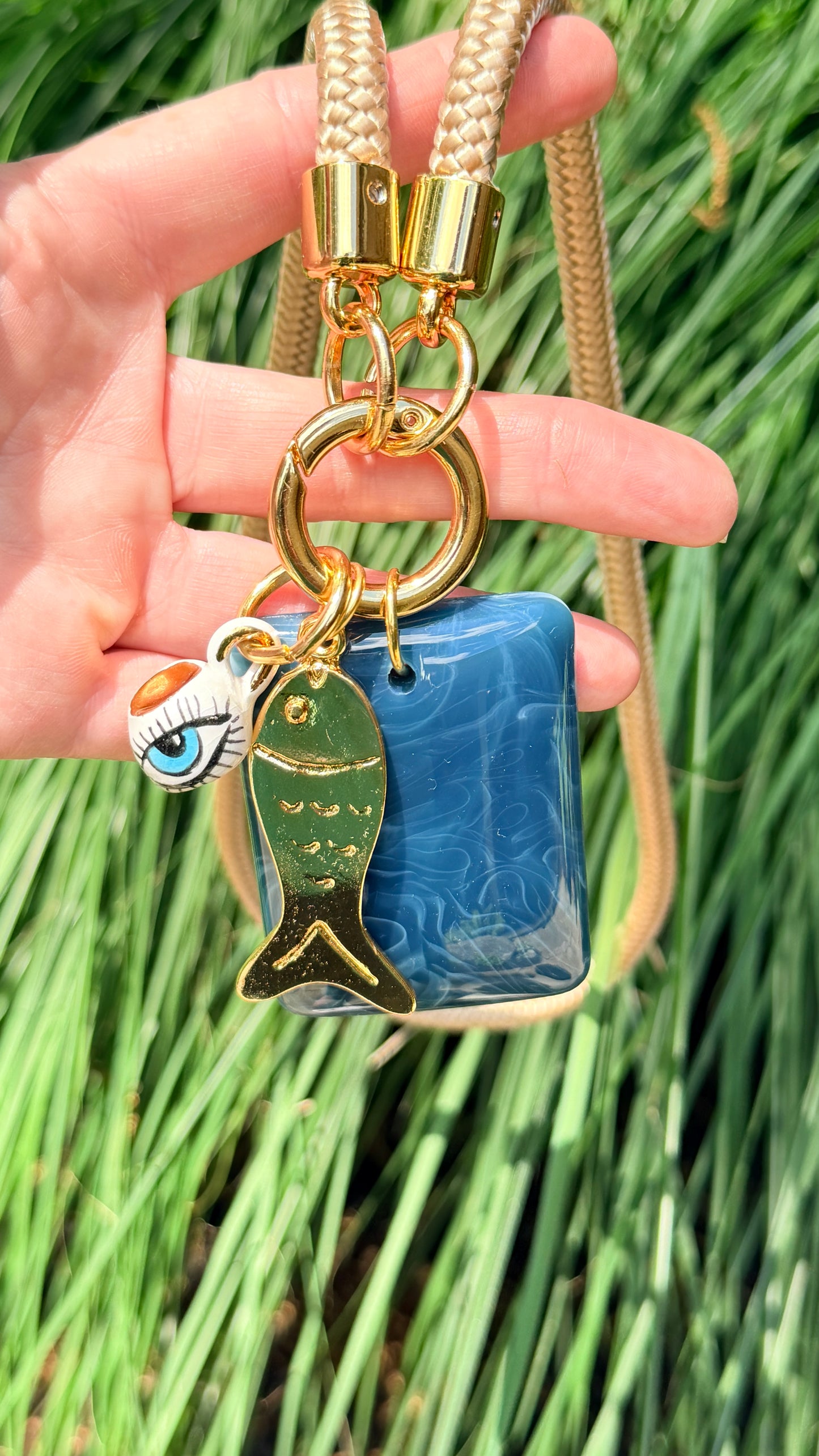 Now Boarding: Long Summer Fish Pendant Necklace on Beige Cord with Azure Blue Resin Focal