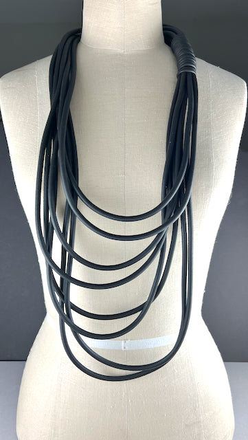 WAVE: Dramatic & Edgy Long Multi Strand Black Rubber Necklace