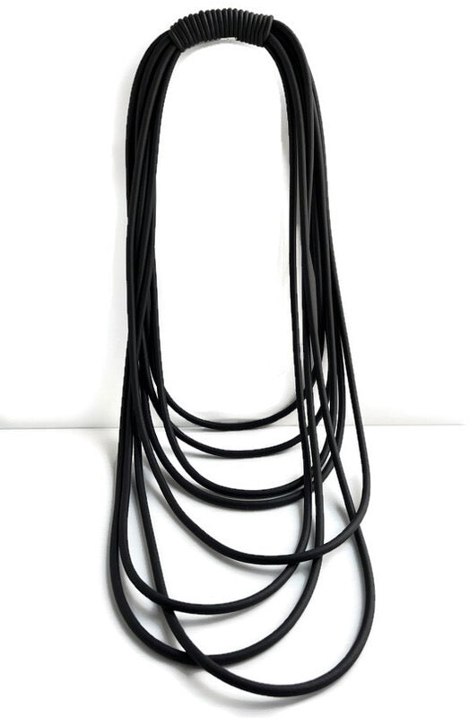 WAVE: Dramatic & Edgy Long Multi Strand Black Rubber Necklace